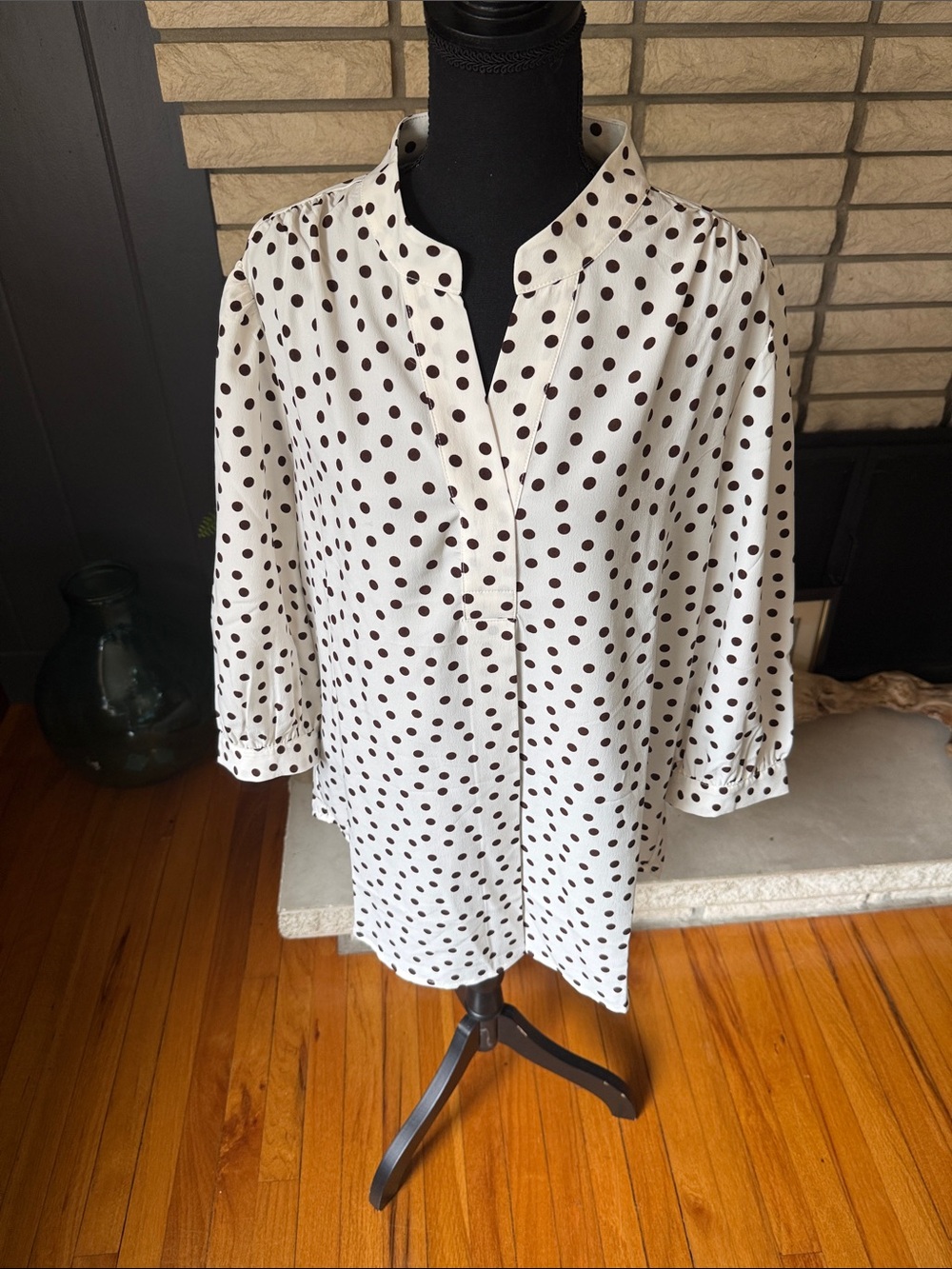Anne Klein White Blouse with Brown Polka Dots